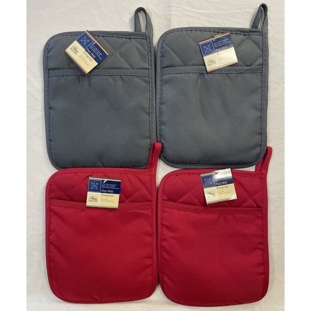 Lot of 4 Home Collection 2 Red 2 Gray Neoprene Pot Holders Mitts NWT